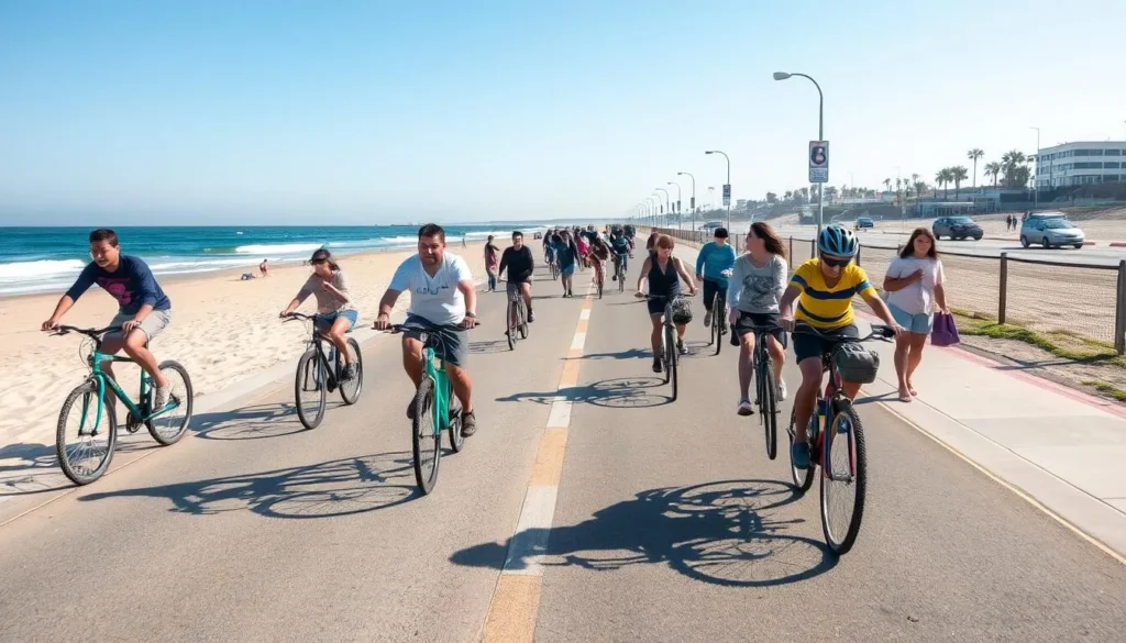 Paved bike path along Bolsa Chica State Beach California with cyclists and pedestrians Paved bike path along Bolsa Chica State Beach California with cyclists and pedestrians