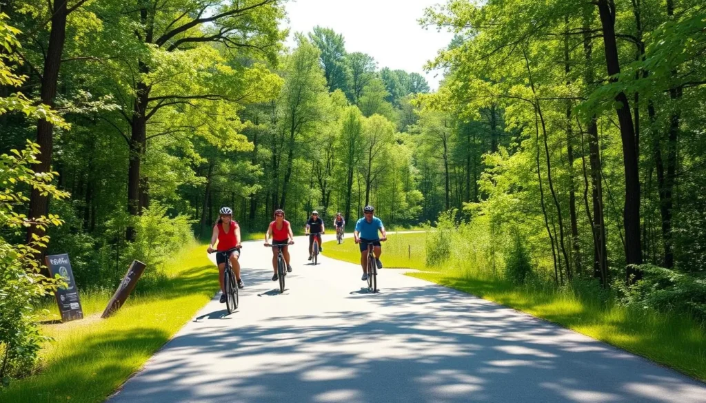 Paved biking trail at Maurice K. Goddard State Park Pennsylvania with cyclists Paved biking trail at Maurice K. Goddard State Park Pennsylvania with cyclists