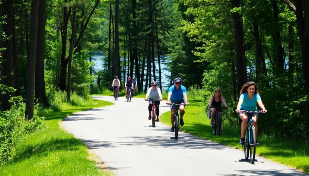 Paved multi-use trail at Lake Nockamixon with cyclists and walkers enjoying the path Paved multi-use trail at Lake Nockamixon with cyclists and walkers enjoying the path