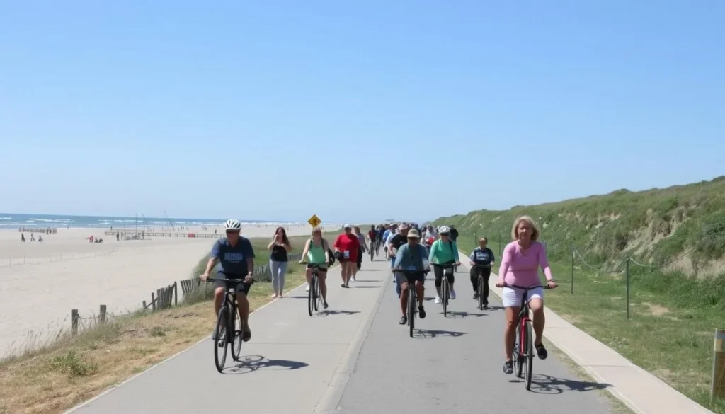Paved trail along Robert W. Crown Memorial State Beach with cyclists and pedestrians Paved trail along Robert W. Crown Memorial State Beach with cyclists and pedestrians