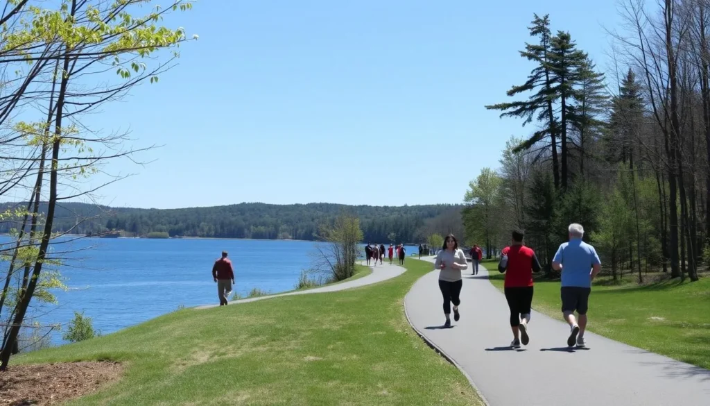Paved walking path around Keystone Lake in Keystone State Park Pennsylvania
