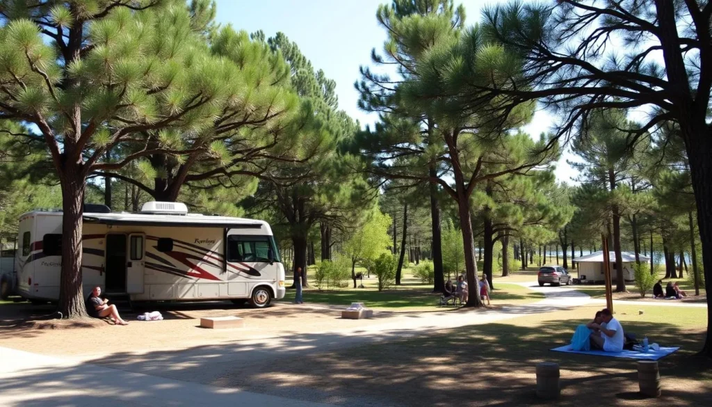 Peaceful campsite at Fred Gannon Rocky Bayou State Park with RV and surrounding pine trees Peaceful campsite at Fred Gannon Rocky Bayou State Park with RV and surrounding pine trees