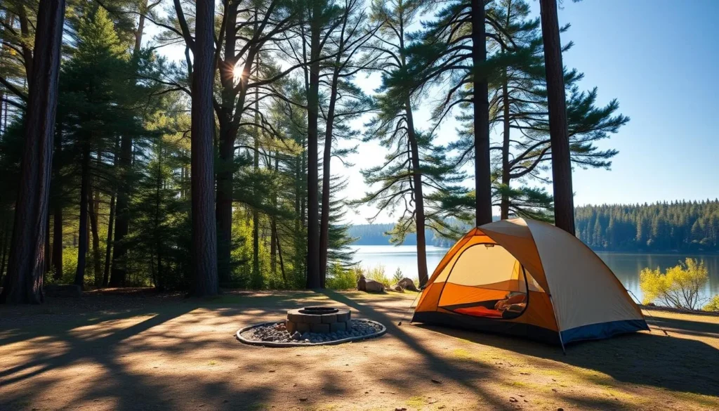 Peaceful campsite at Horseshoe Lake State Park Illinois with tent and campfire Peaceful campsite at Horseshoe Lake State Park Illinois with tent and campfire