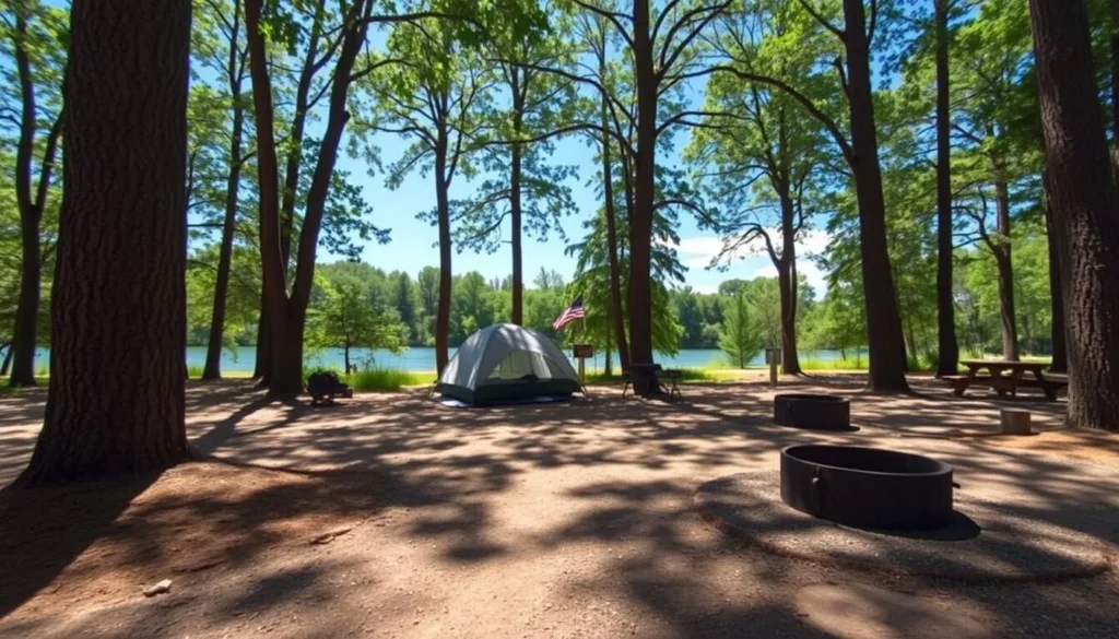 Peaceful campsite at Horseshoe Lake State Park with tent set up among trees Peaceful campsite at Horseshoe Lake State Park with tent set up among trees