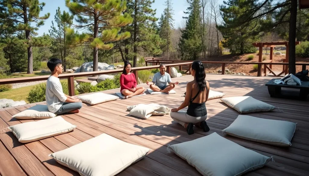 Peaceful meditation area at Harbin Hot Springs California with people practicing mindfulness Peaceful meditation area at Harbin Hot Springs California with people practicing mindfulness