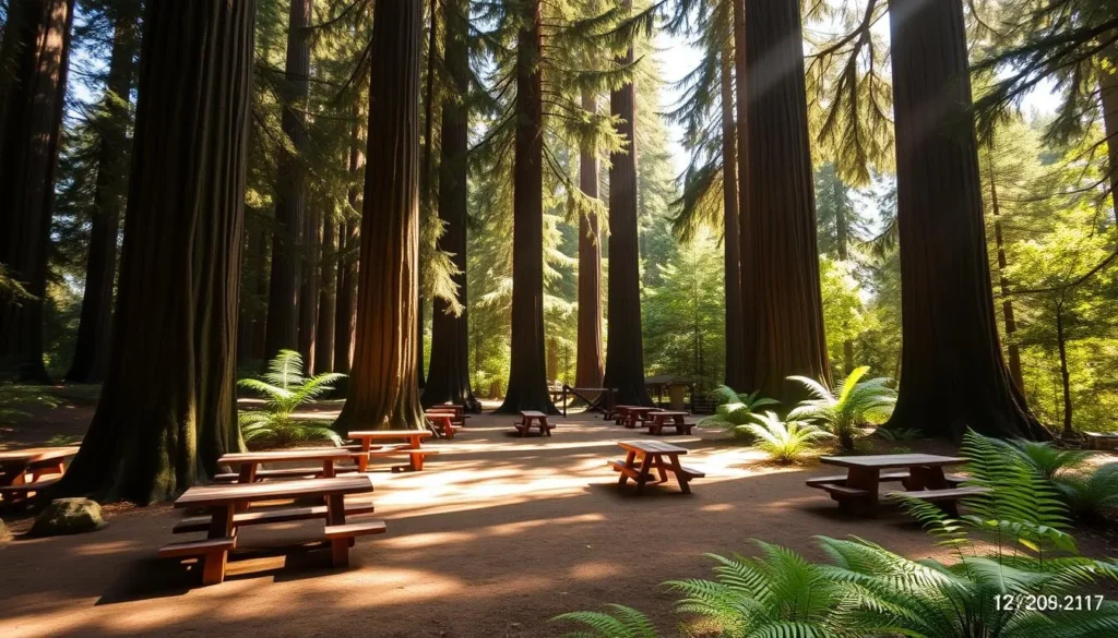 Peaceful picnic area at Limekiln State Park with tables situated under towering redwood trees Peaceful picnic area at Limekiln State Park with tables situated under towering redwood trees