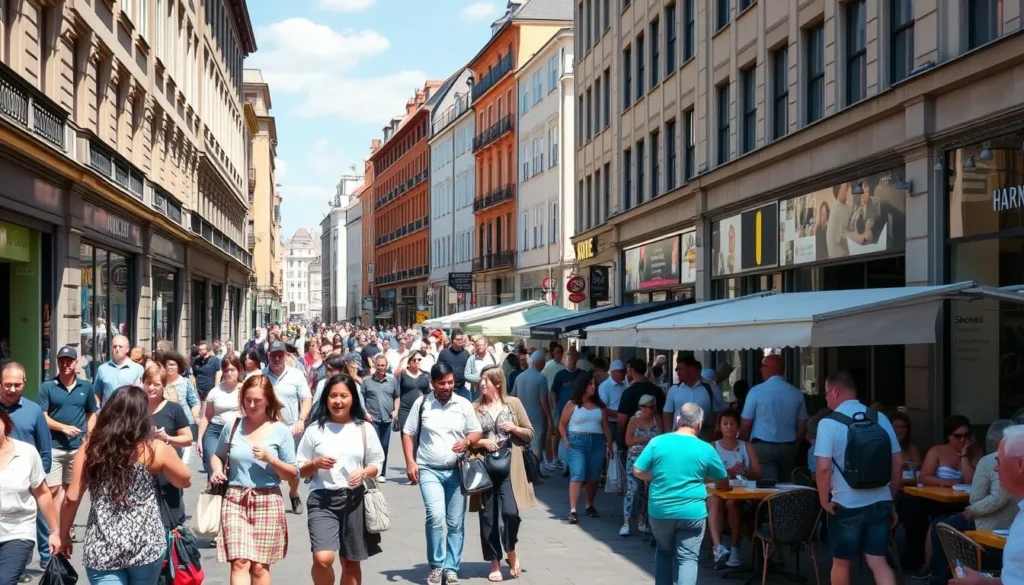 Pedestrian zone in Hannover city center with people shopping and dining at outdoor cafes