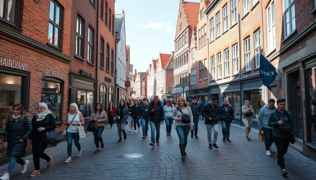 Pedestrians walking on the cobblestone streets of Lübeck's Old Town, showing the walkable nature of the city