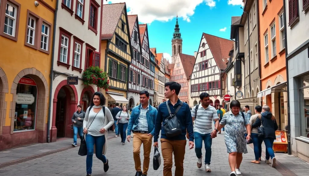 Pedestrians walking through Regensburg's charming cobblestone streets with medieval buildings