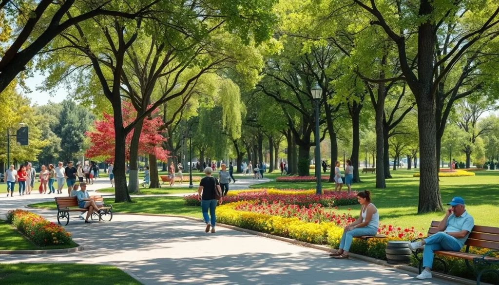 Penza city park with people enjoying summer activities, green trees and flowers in bloom