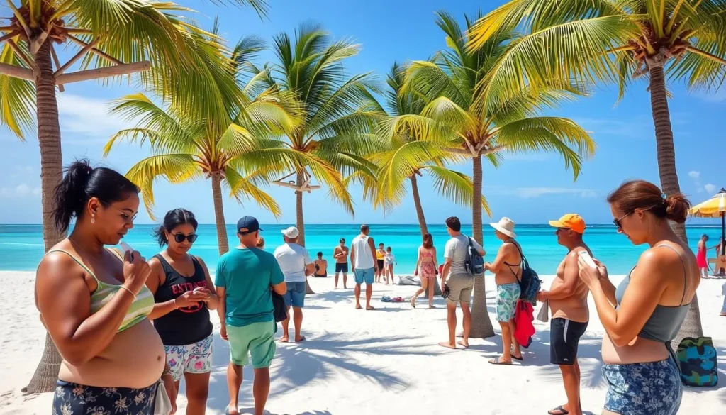 People applying sunscreen at Sombrero Beach with shade structures visible People applying sunscreen at Sombrero Beach with shade structures visible