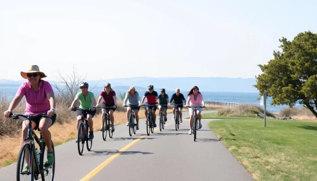 People cycling along the Bay Trail in McLaughlin Eastshore State Park People cycling along the Bay Trail in McLaughlin Eastshore State Park