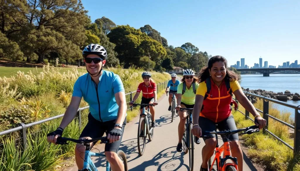 People cycling along the Yarra Trail in Richmond Victoria with river views and city skyline People cycling along the Yarra Trail in Richmond Victoria with river views and city skyline