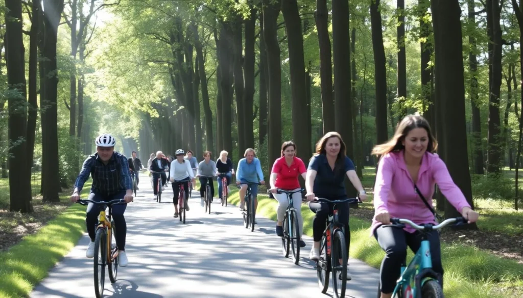 People cycling through the lush Eilenriede forest park in Hannover on a sunny day