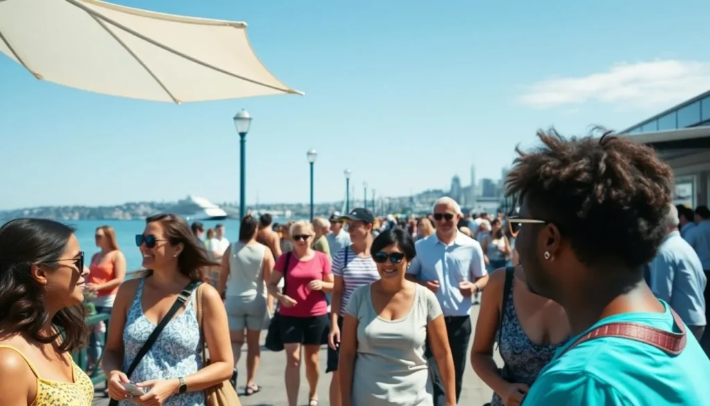 People enjoying Auckland's waterfront during summer with clear skies