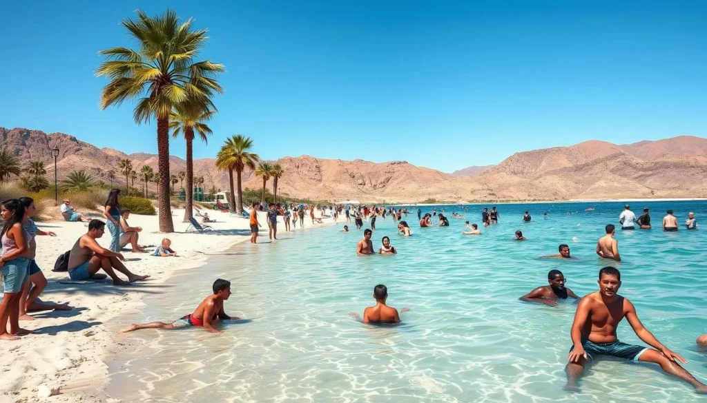 People enjoying Lake Havasu beach area during optimal spring weather with moderate crowds People enjoying Lake Havasu beach area during optimal spring weather with moderate crowds