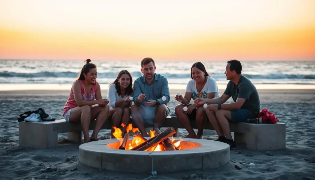 People enjoying a beach bonfire at sunset at Huntington State Beach with s'mores and friends gathered around People enjoying a beach bonfire at sunset at Huntington State Beach with s'mores and friends gathered around