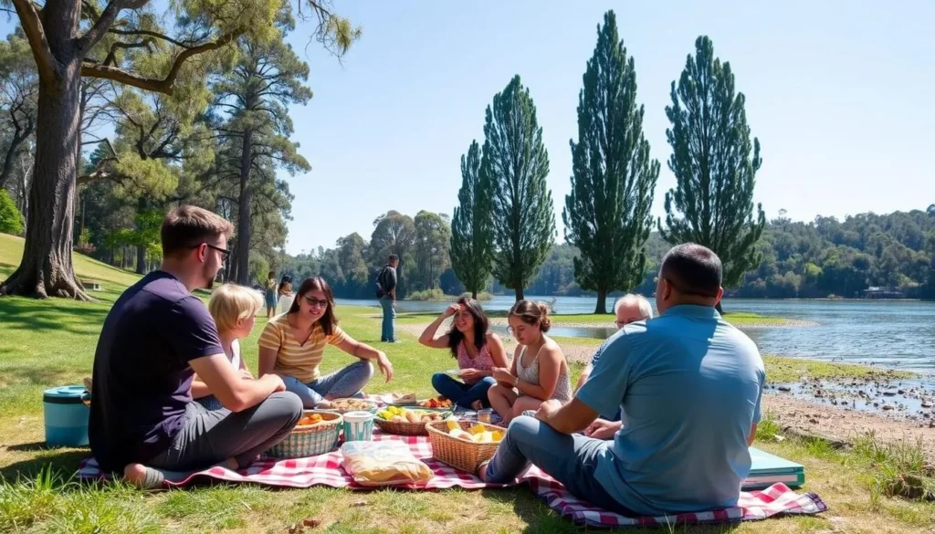 People enjoying a picnic by the Yarra River in Warburton