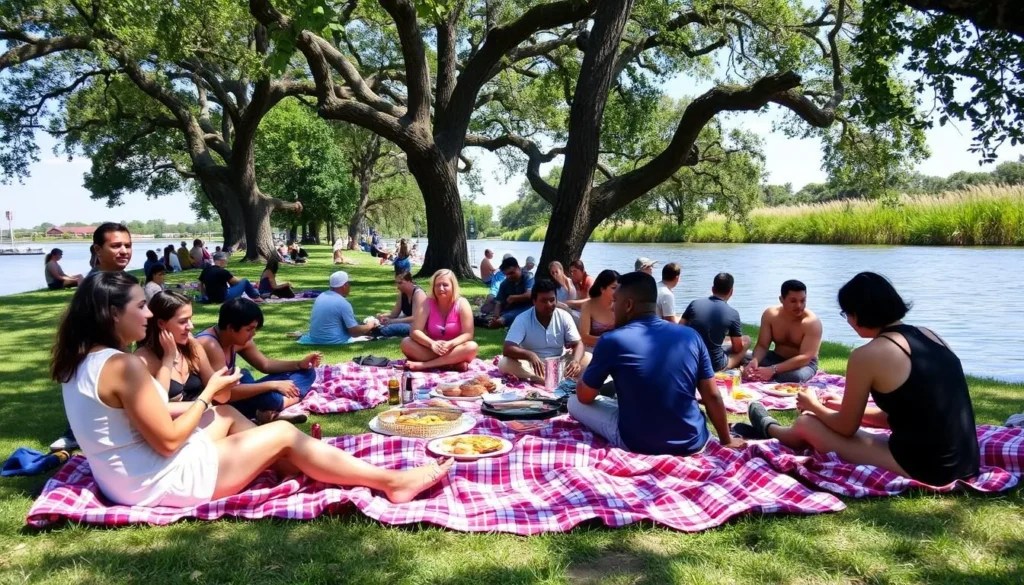 People enjoying a picnic on the grassy banks of Bayou St. John on a sunny afternoon People enjoying a picnic on the grassy banks of Bayou St. John on a sunny afternoon