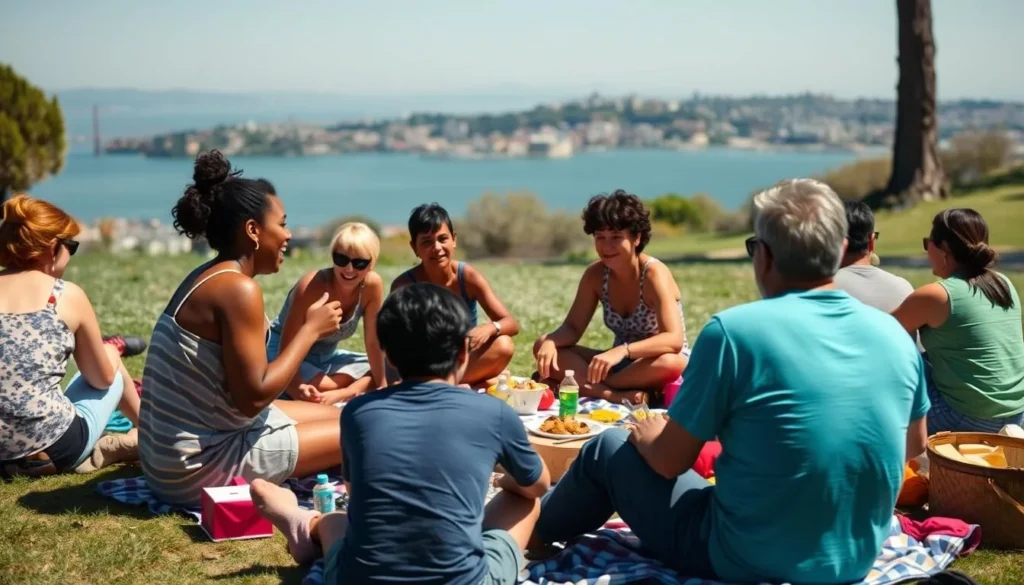 People enjoying a picnic with bay views at McLaughlin Eastshore State Park People enjoying a picnic with bay views at McLaughlin Eastshore State Park