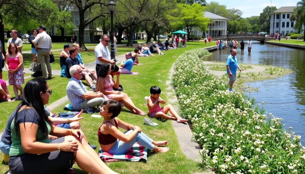 People enjoying a sunny spring day along Bayou St. John with blooming flowers and greenery People enjoying a sunny spring day along Bayou St. John with blooming flowers and greenery