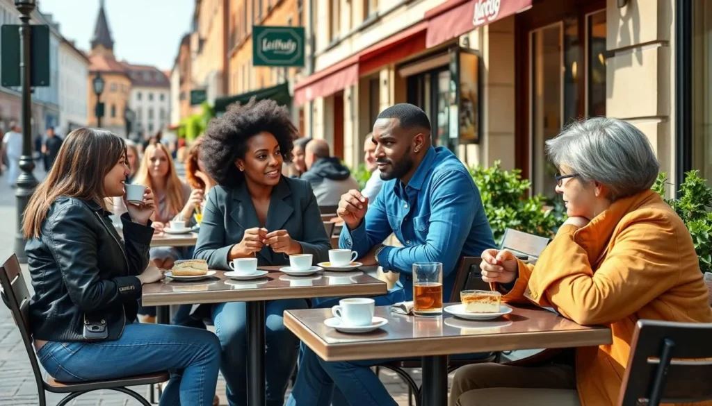 People enjoying coffee at an outdoor cafe in Leipzig following local customs