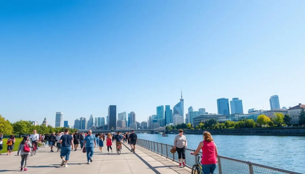 People enjoying outdoor activities along Frankfurt's Main River promenade People enjoying outdoor activities along Frankfurt's Main River promenade
