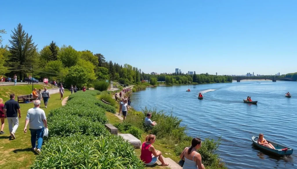 People enjoying outdoor activities along the Belaya River in Ufa with greenery and water views