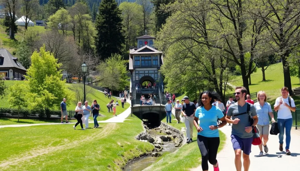 People enjoying outdoor activities in Nerotal Park with the Nerobergbahn funicular visible in the background