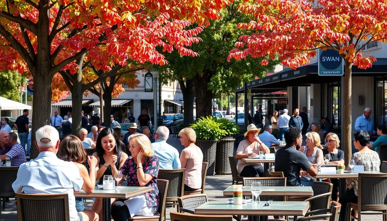 People enjoying outdoor dining on Swan Street in Richmond Victoria during autumn with colorful foliage