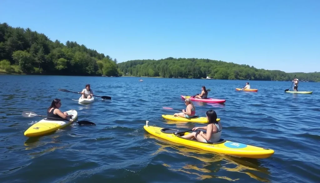 People enjoying paddleboarding and kayaking on Edinboro Lake on a sunny day People enjoying paddleboarding and kayaking on Edinboro Lake on a sunny day