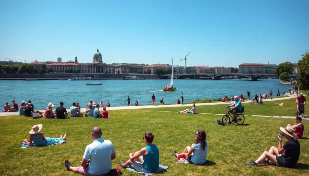 People enjoying recreational activities along the Danube River in Vienna on a sunny day