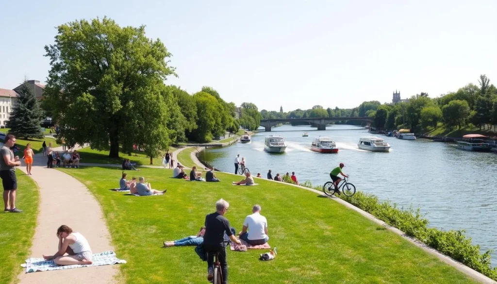 People enjoying recreational activities along the Rhine River in Mannheim with boats in the background