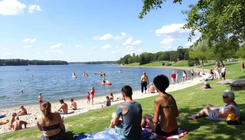 People enjoying recreational activities at Cospudener See lake near Leipzig