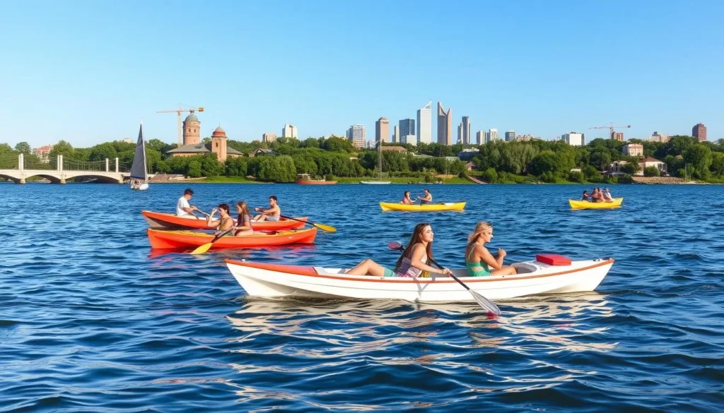 People enjoying recreational activities on the Volga River near Saratov with small boats People enjoying recreational activities on the Volga River near Saratov with small boats