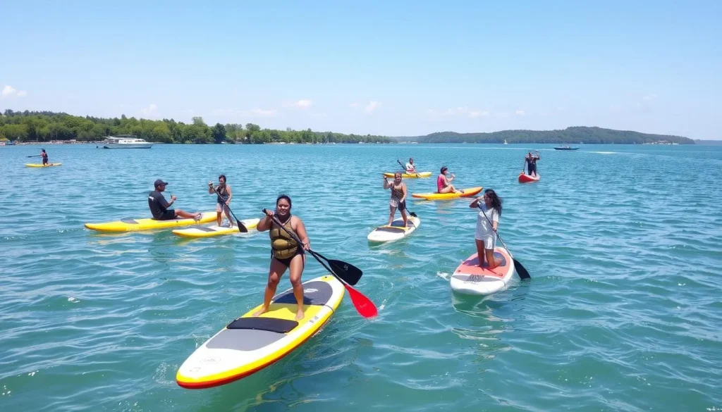 People enjoying water activities on Lake Plescheevo with paddleboards and small boats