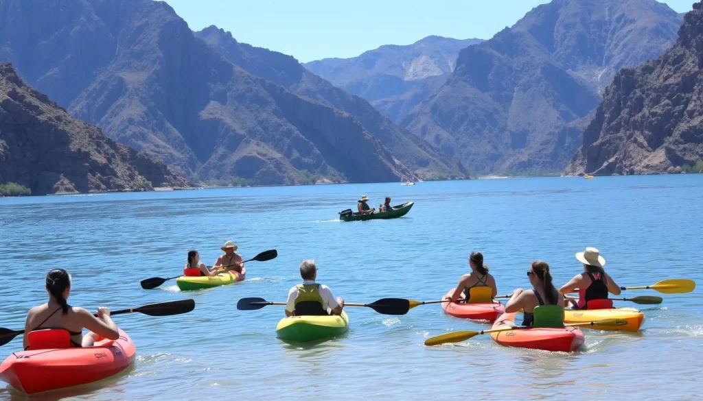 People enjoying water activities on the Colorado River at Buckskin Mountain State Park with kayaks and small boats