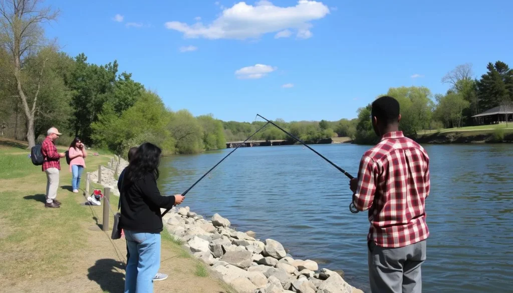 People fishing along the Illinois River at Illini State Park People fishing along the Illinois River at Illini State Park
