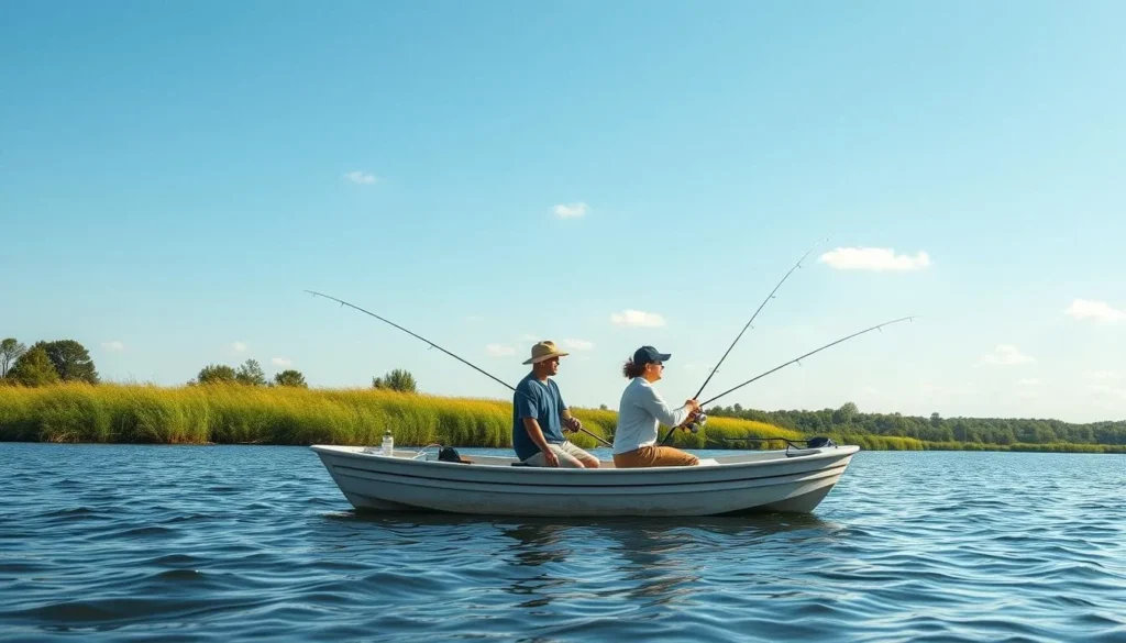 People fishing from a boat on Newton Lake with lush green shoreline in the background People fishing from a boat on Newton Lake with lush green shoreline in the background