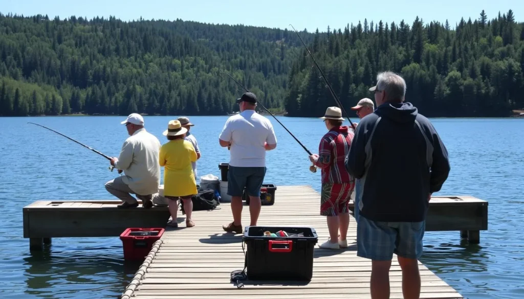 People fishing from a dock on Lake Sherwood with forest backdrop People fishing from a dock on Lake Sherwood with forest backdrop