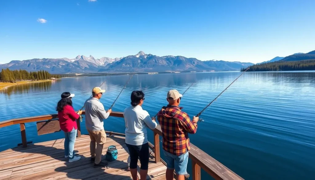 People fishing from a pier at Fool Hollow Lake with mountains in the background
