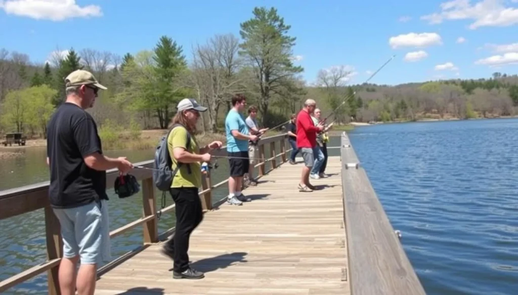 People fishing from the pier at Locust Lake State Park People fishing from the pier at Locust Lake State Park