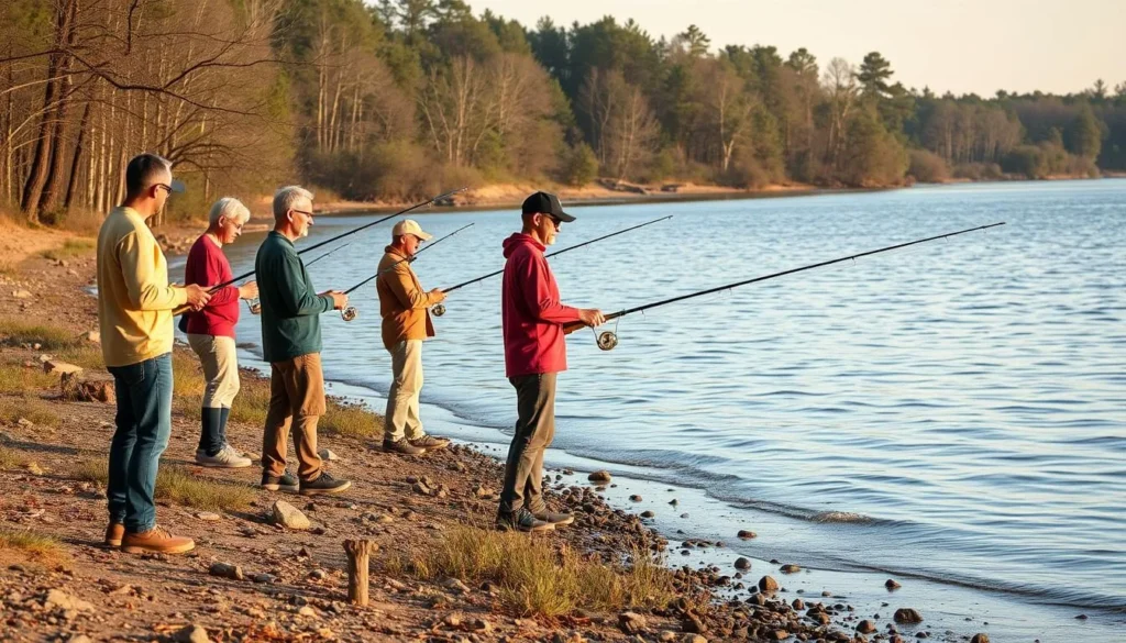 People fishing from the shore of Devil's Lake at Devil's Island State Park Illinois