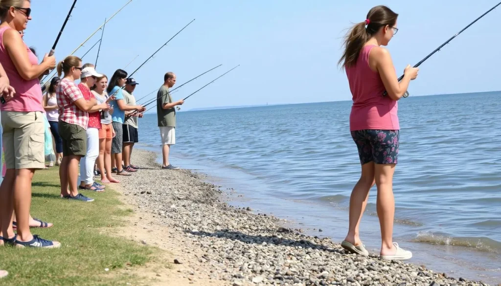 People fishing from the shore of Lake Vermilion with fishing rods People fishing from the shore of Lake Vermilion with fishing rods