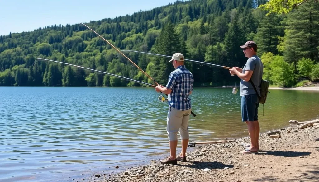 People fishing from the shore of Lyman Run Lake with forest backdrop People fishing from the shore of Lyman Run Lake with forest backdrop