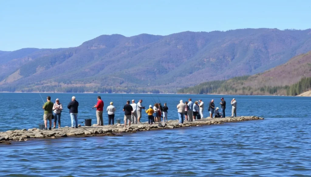 People fishing from the shoreline of Beltzville Lake with mountains in the background People fishing from the shoreline of Beltzville Lake with mountains in the background