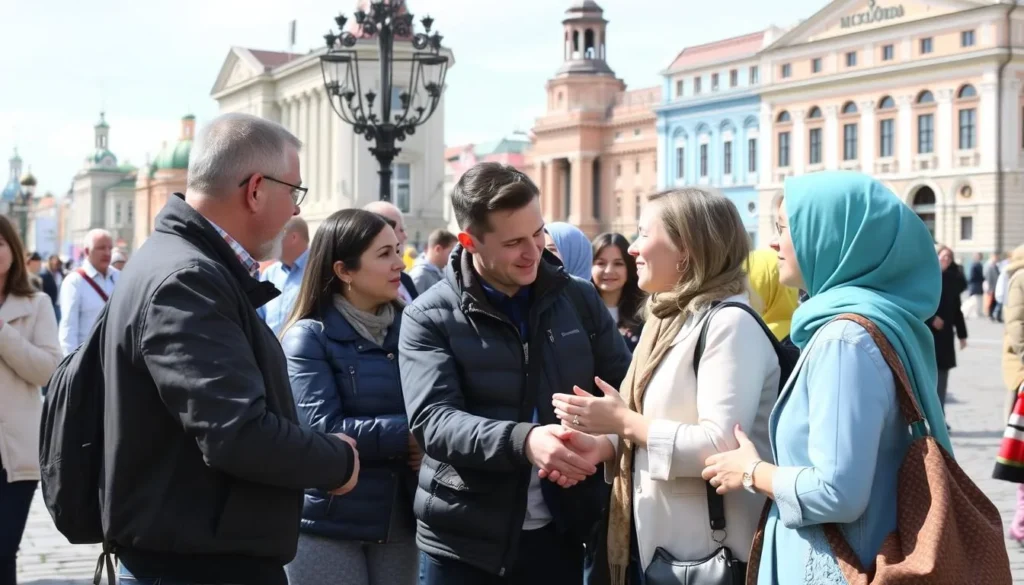 People greeting each other in traditional Russian style in Saratov city center People greeting each other in traditional Russian style in Saratov city center
