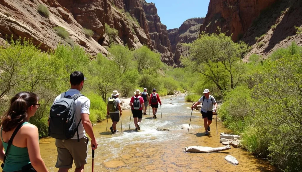 People hiking along Bonita Creek with towering canyon walls and clear water People hiking along Bonita Creek with towering canyon walls and clear water