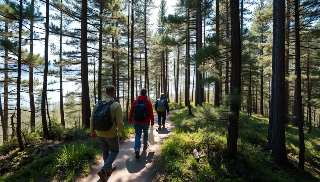 People hiking along a scenic forest trail near Lake Palkino with sunlight filtering through trees