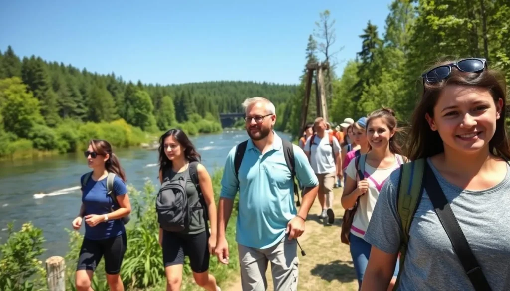 People hiking near the Dnieper River in Smolensk with forest backdrop